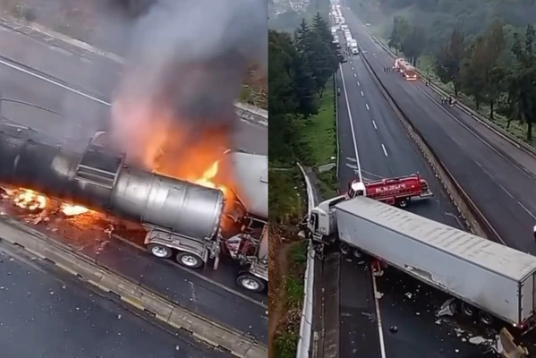 Choca un tr&aacute;iler y una pipa en la carretera Chamapa-Lecher&iacute;a en Naucalpan, Edomex