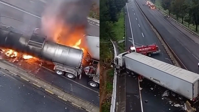 Choca un tráiler y una pipa en la carretera Chamapa-Lechería en Naucalpan, Edomex Choca un tráiler y una pipa en la carretera Chamapa-Lechería en Naucalpan, Edomex