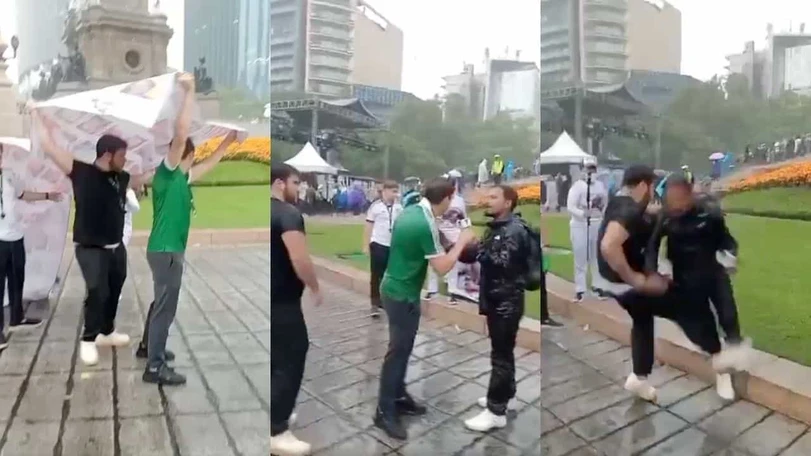 Aficionados se enfrentan con madres buscadoras en el Ángel de la Independencia durante festejos Imágenes: X