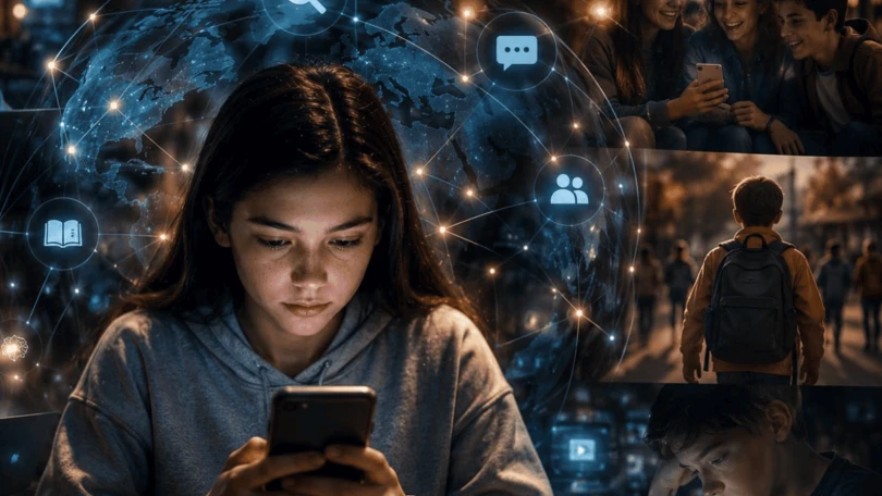 Regulación de celulares e IA entre menores, a debate La presidenta Claudia Sheinbaum planteó discutir límites al uso de pantallas e inteligencia artificial entre niñas, niños y adolescentes. | Foto generada por IA.