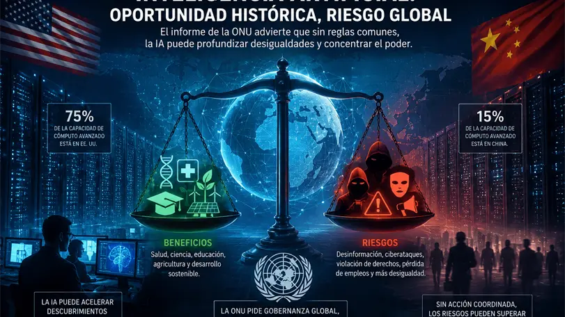 ONU advierte que la IA ampliará desigualdades sin reglas comunes El informe preliminar del Panel Científico Internacional Independiente plantea que la gobernanza definirá el impacto de la inteligencia artificial en la economía, la seguridad y los derechos humanos. Foto: generada con IA