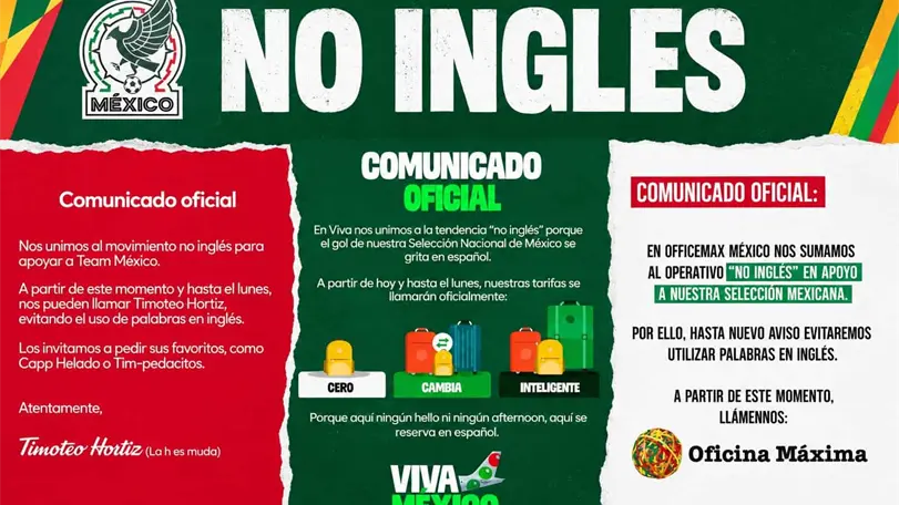 Operativo No inglés: marcas se unen para apoyar a México ante Inglaterra En redes sociales las marcas se han sumado a no hablar en ingles en sus marcas. Foto: Redes sociales
