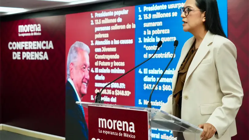 La presidenta de Morena, Ariadna Montiel en conferencia de prensa. Foto: Morena.
