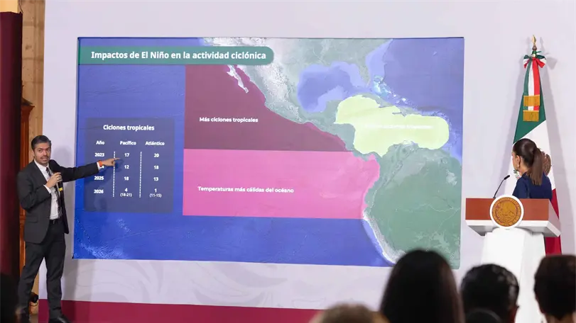 El Niño 2026-2027 podría alcanzar intensidad histórica en México El Servicio Meteorológico Nacional prevé que El Niño alcance su máxima intensidad entre finales de 2026 e inicios de 2027. Foto: Presidencia